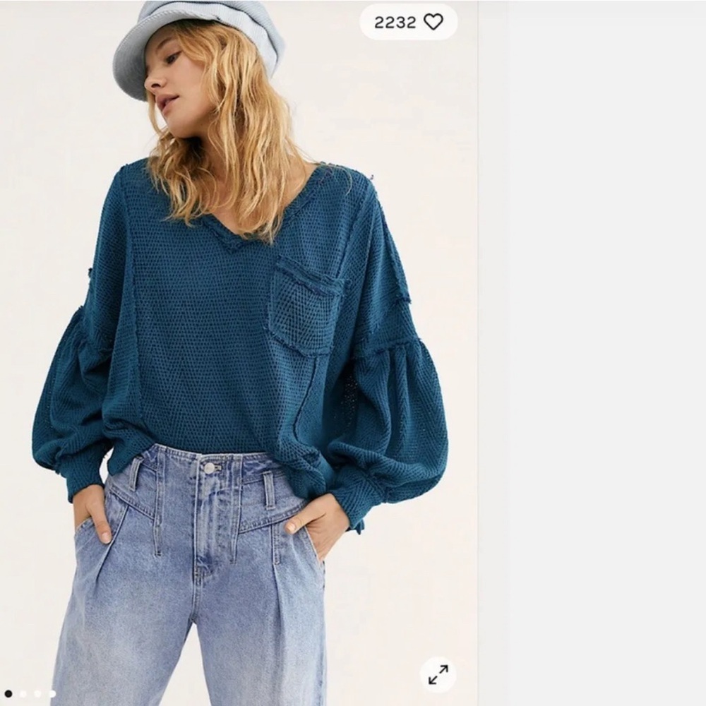 FREE PEOPLE Fresh & New Hacci Knit Top Size XS Teal Blue